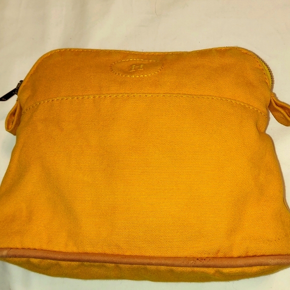 HERMES Bag Bolide Small Yellow Canvas with leather Trim Makeup Cosmetic Pouch - Picture 4 of 11
